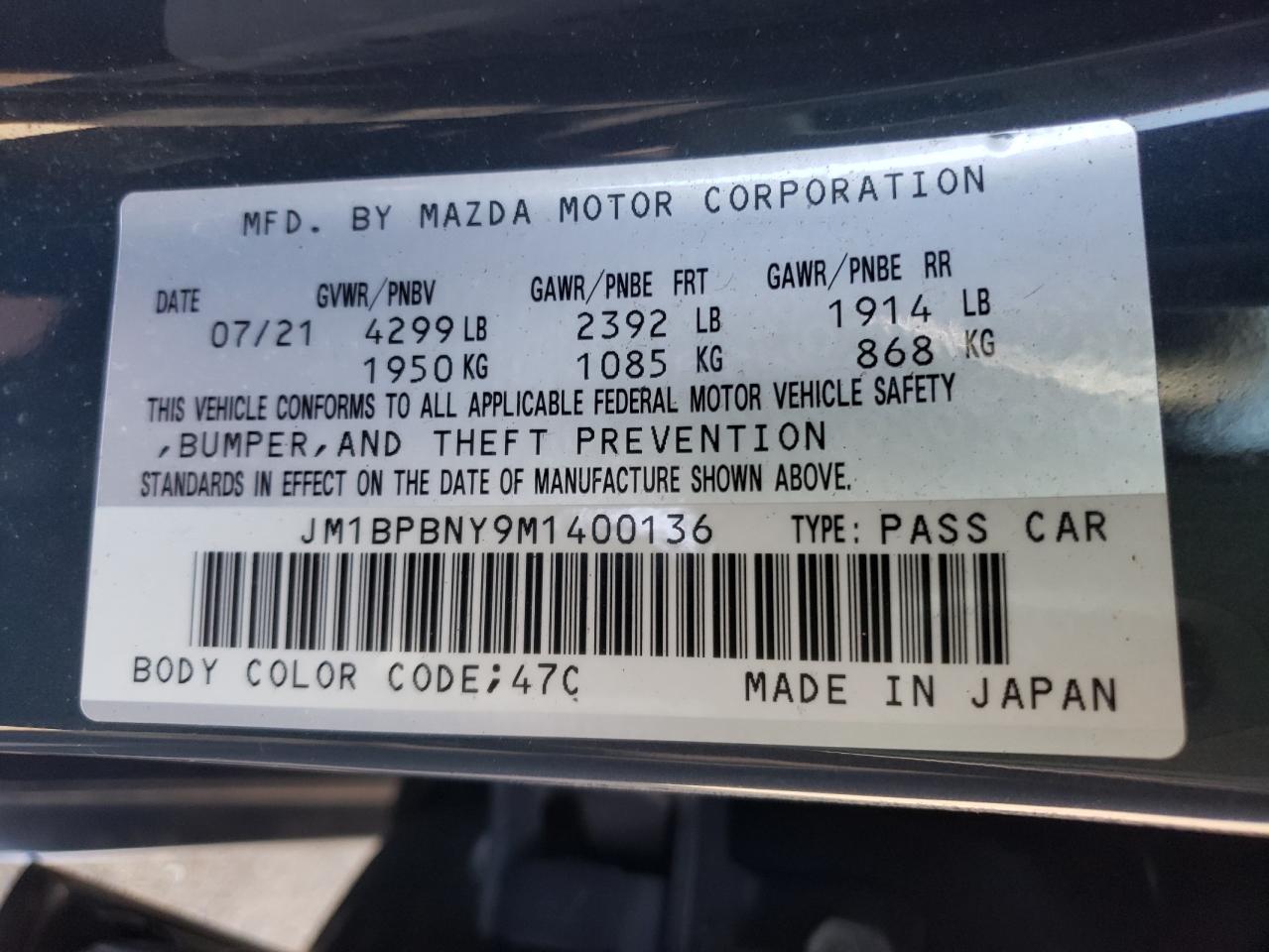 Photo 10 from auction – 2021 MAZDA 3 PREMIUM with VIN JM1BPBNY9M1400136