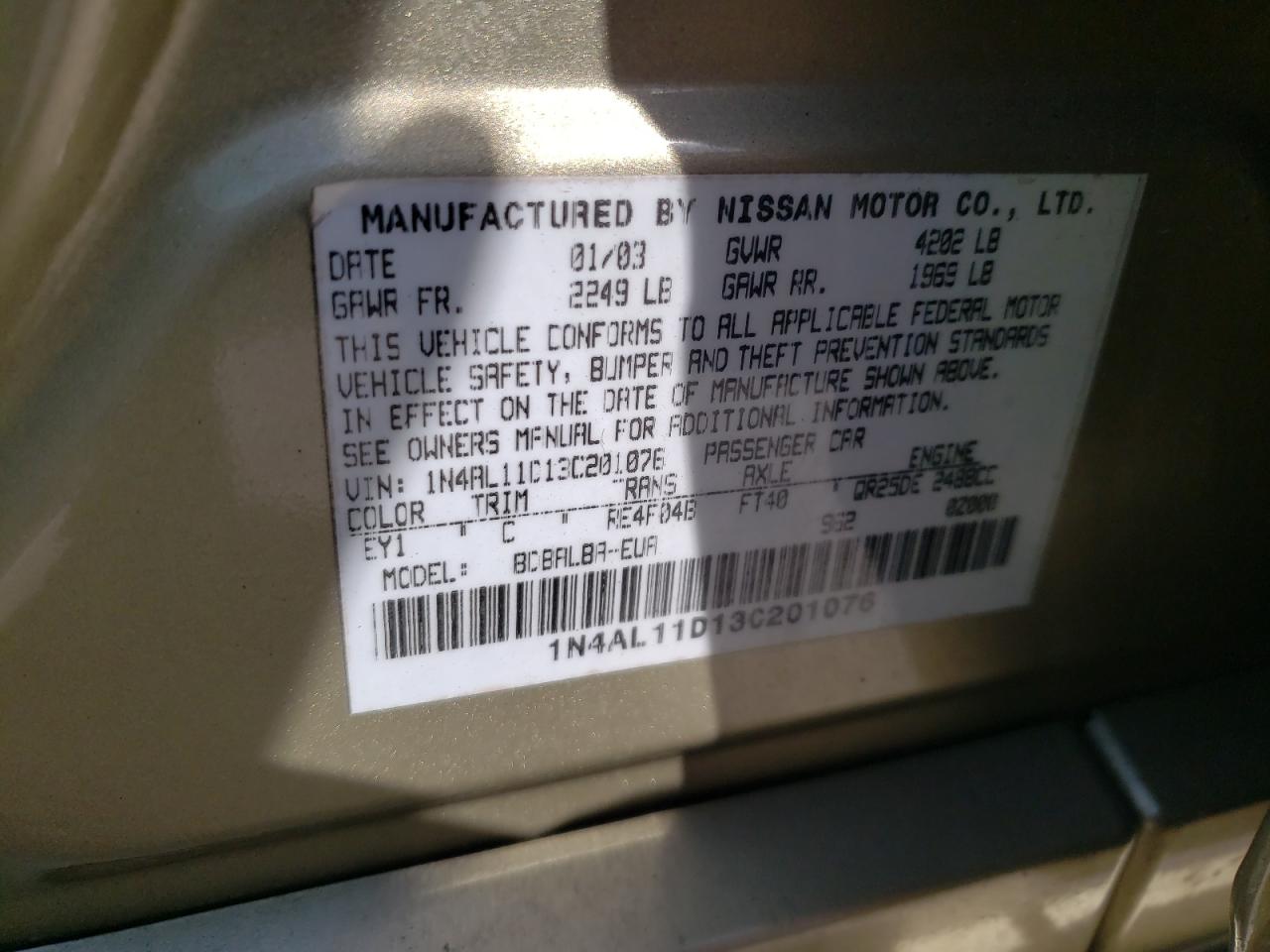 Photo 10 from auction – 2003 NISSAN ALTIMA with VIN 1N4AL11D13C201076