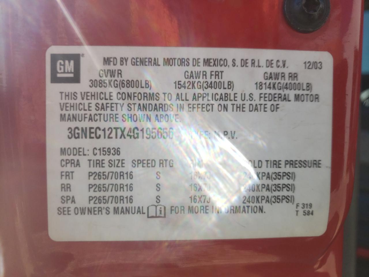 Photo 10 from auction – 2004 CHEVROLET AVALANCHE with VIN 3GNEC12TX4G195656