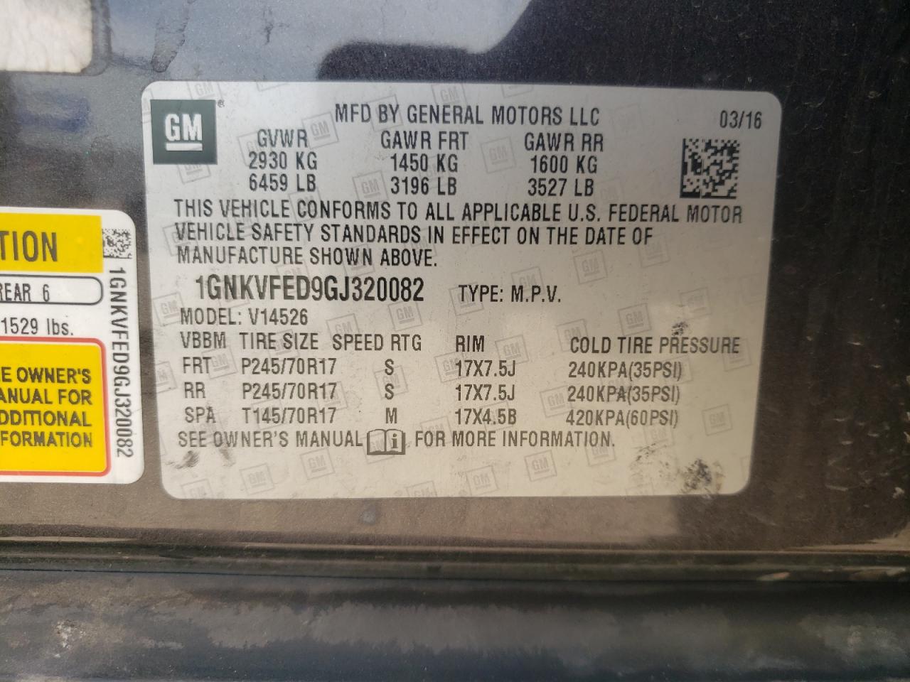 Photo 10 from auction – 2016 CHEVROLET TRAVERSE L with VIN 1GNKVFED9GJ320082