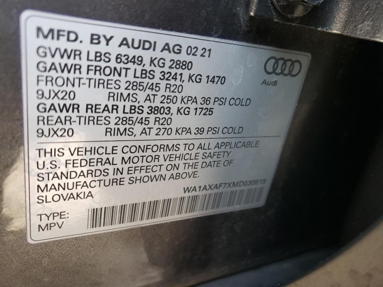 Photo 10 from auction – 2021 AUDI Q7 PREMIUM with VIN WA1AXAF7XMD030819