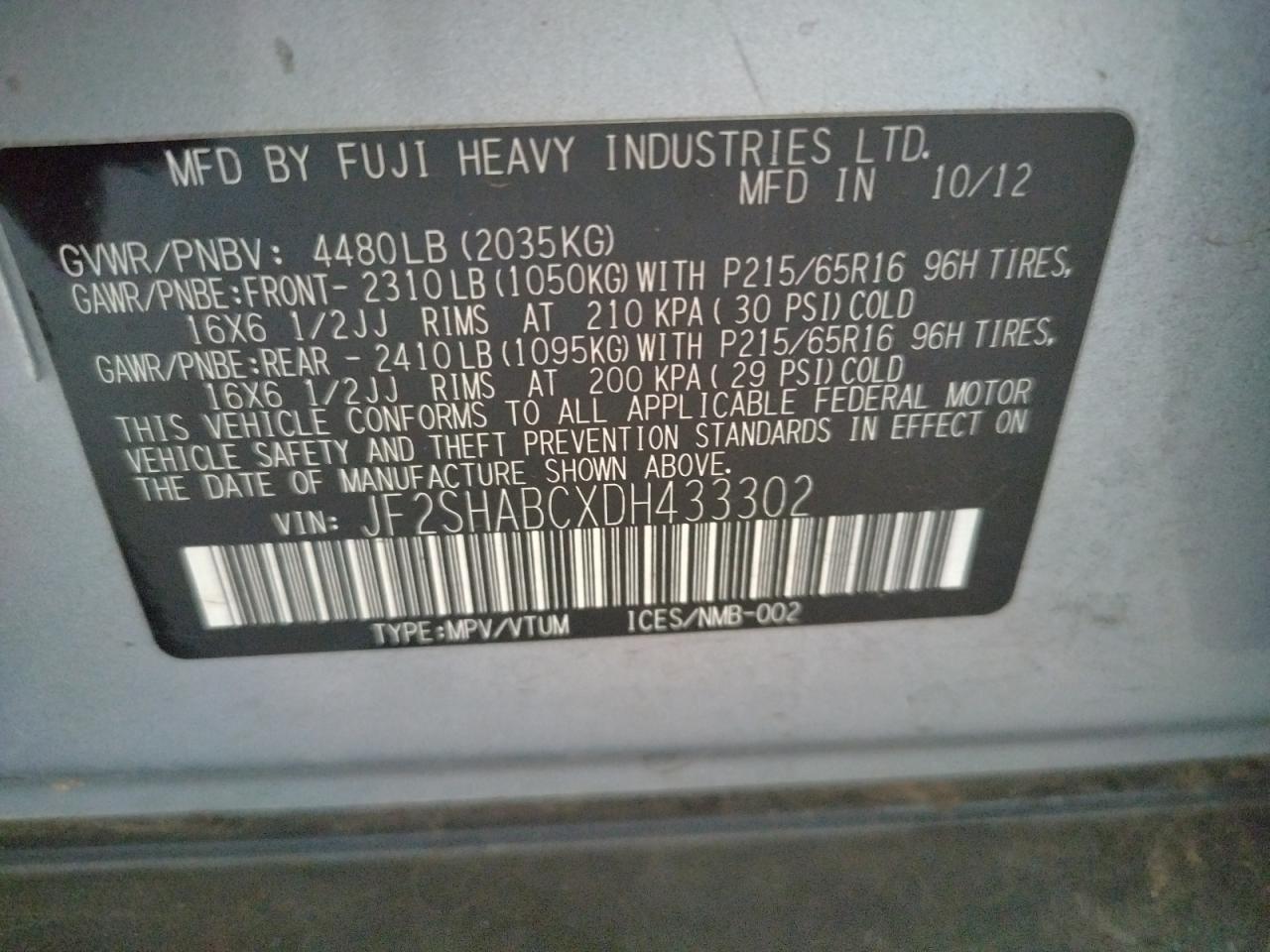 Photo 10 from auction – 2013 SUBARU FORESTER 2 with VIN JF2SHABCXDH433302