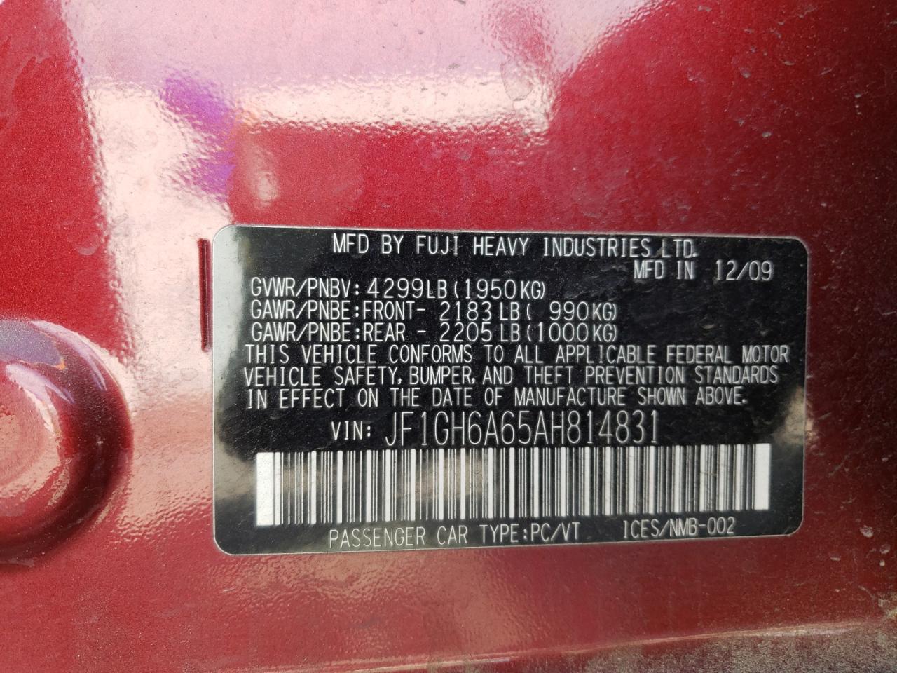 Photo 10 from auction – 2010 SUBARU IMPREZA 2. with VIN JF1GH6A65AH814831