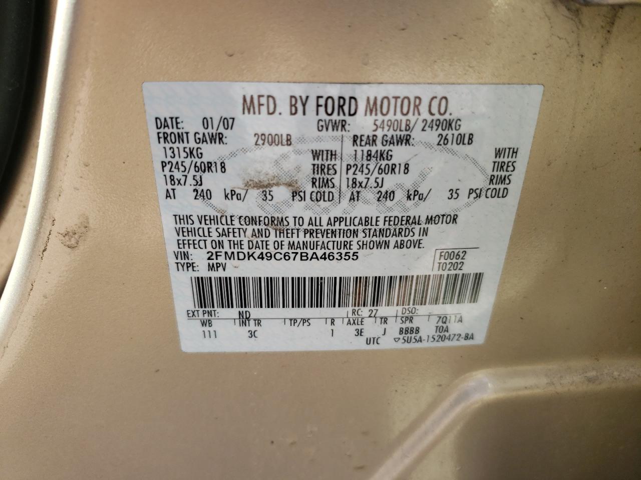 Photo 10 from auction – 2007 FORD EDGE SEL P with VIN 2FMDK49C67BA46355