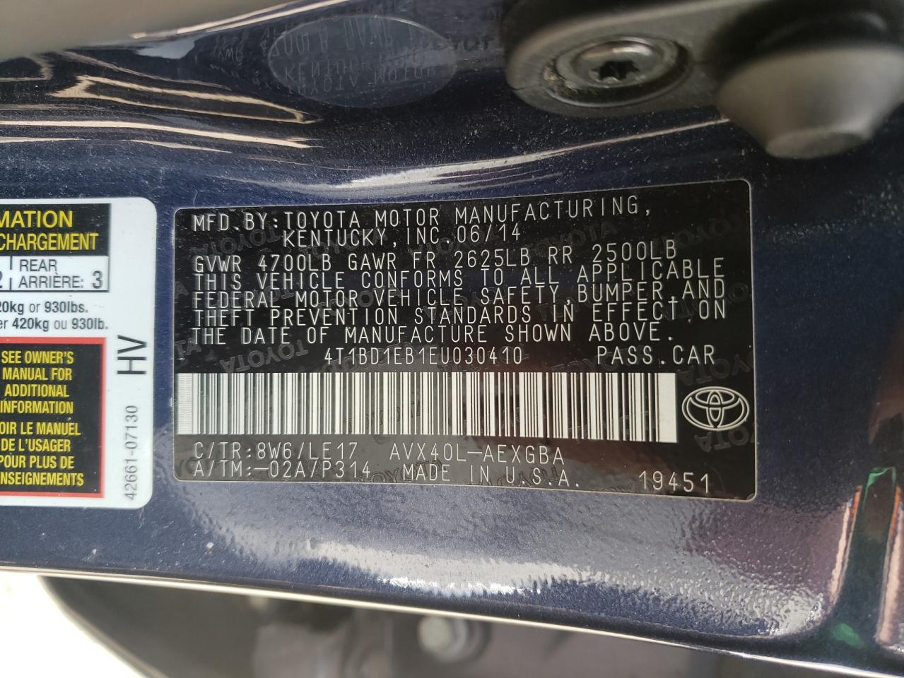 Photo 10 from auction – 2014 TOYOTA AVALON HYB with VIN 4T1BD1EB1EU030410