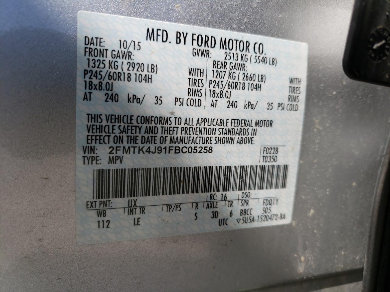 Photo 10 from auction – 2015 FORD EDGE SEL with VIN 2FMTK4J91FBC05258