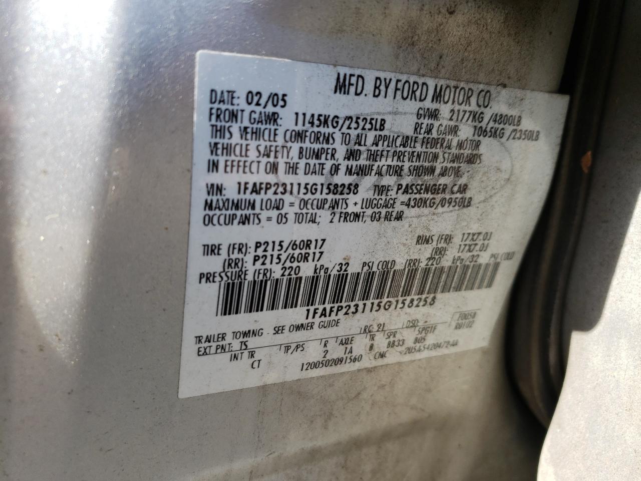 Photo 10 from auction – 2005 FORD FIVE HUNDR with VIN 1FAFP23115G158258