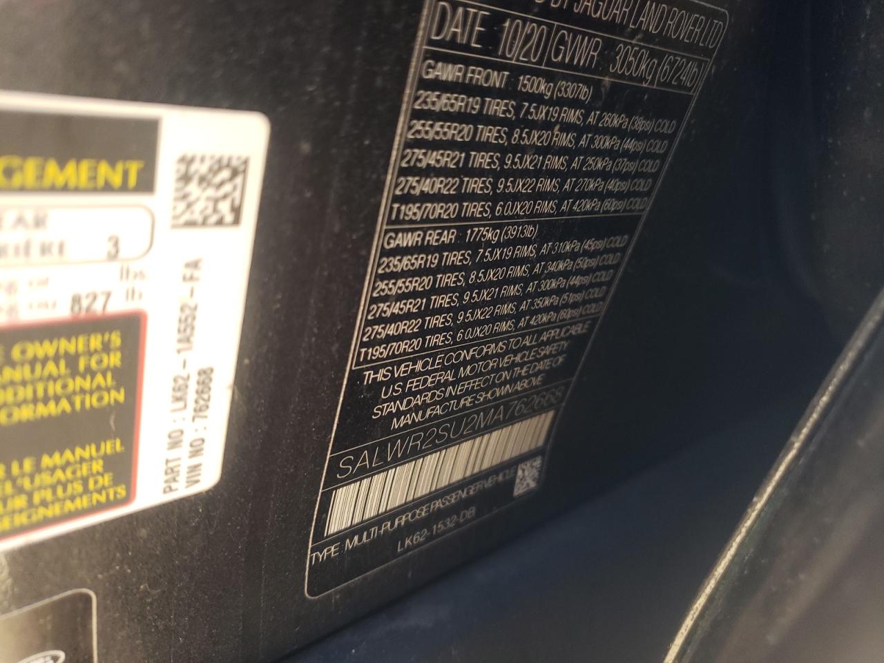 Photo 10 from auction – 2021 LAND ROVER RANGE ROVE with VIN SALWR2SU2MA762668