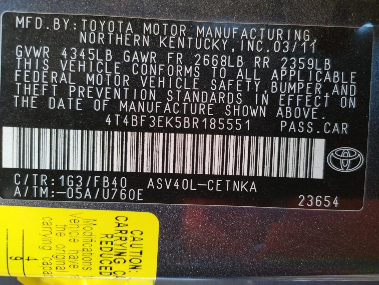 Photo 10 from auction – 2011 TOYOTA CAMRY BASE with VIN 4T4BF3EK5BR185551