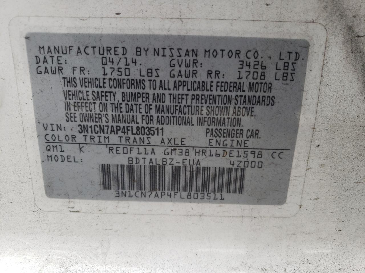 Photo 11 from auction – 2015 NISSAN VERSA S with VIN 3N1CN7AP4FL803511