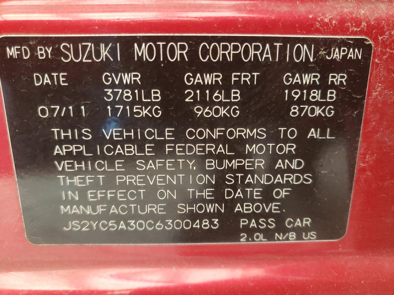 Photo 10 from auction – 2012 SUZUKI SX4 LE with VIN JS2YC5A30C6300483