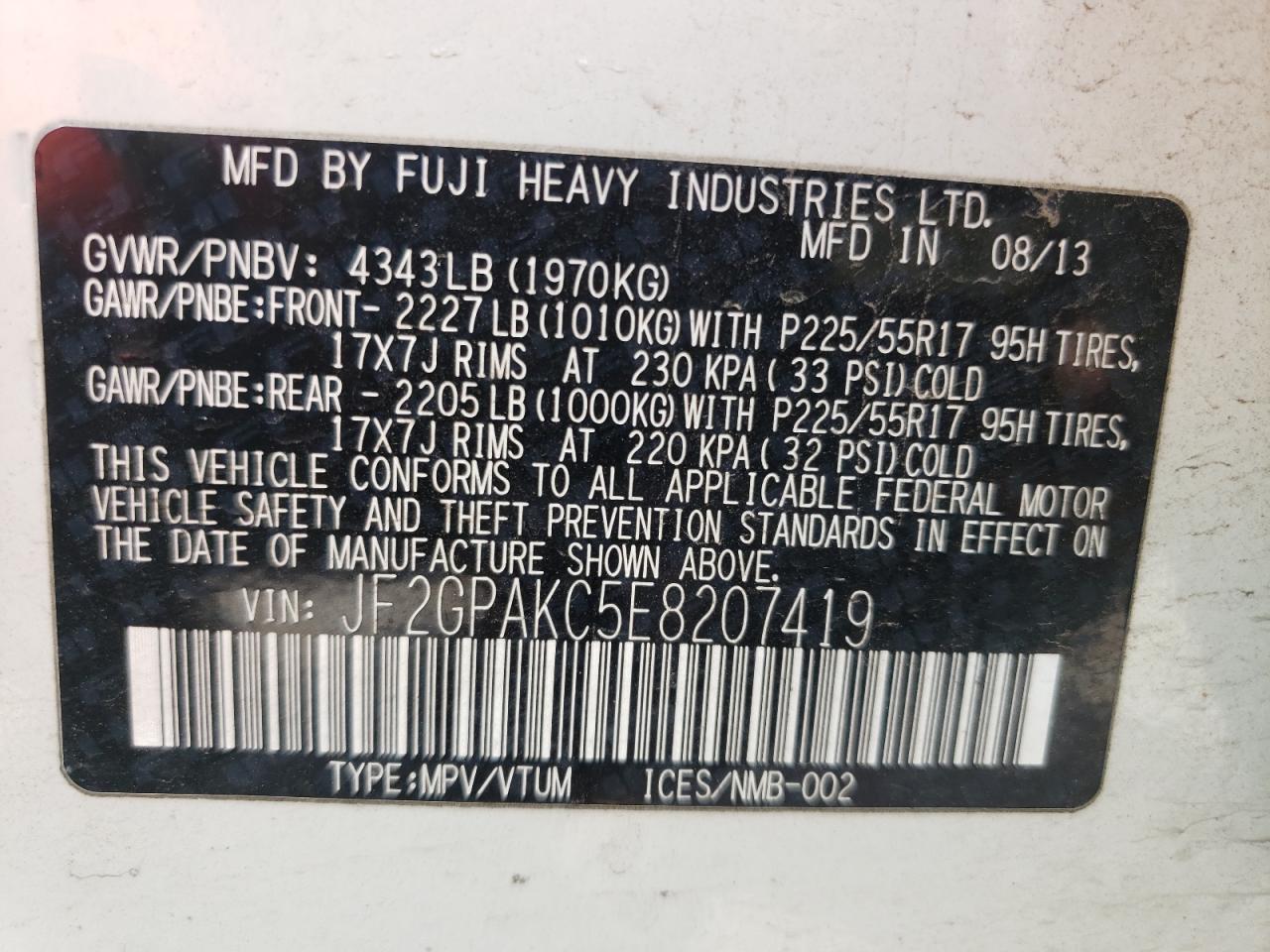 Photo 10 from auction – 2014 SUBARU XV CROSSTR with VIN JF2GPAKC5E8207419