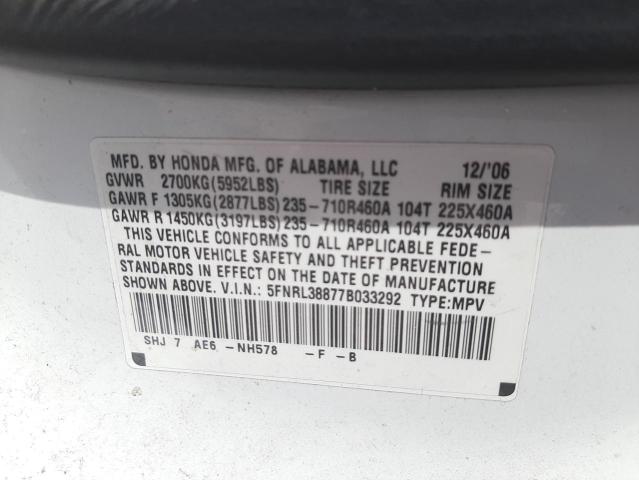 Photo 10 from auction – 2007 HONDA ODYSSEY TO with VIN 5FNRL38877B033292