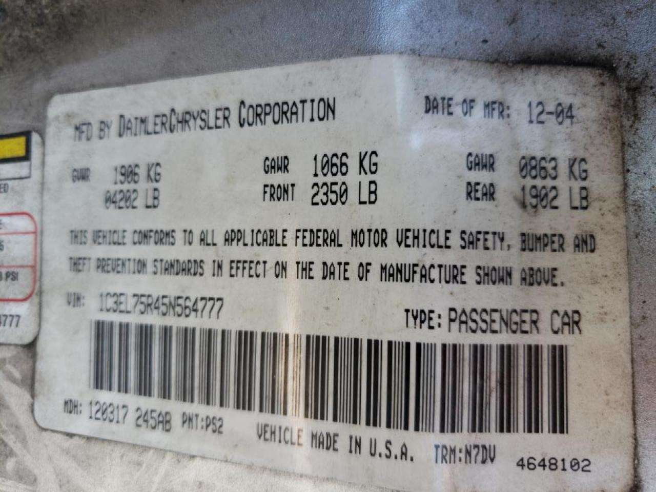 Photo 10 from auction – 2005 CHRYSLER SEBRING GT with VIN 1C3EL75R45N564777