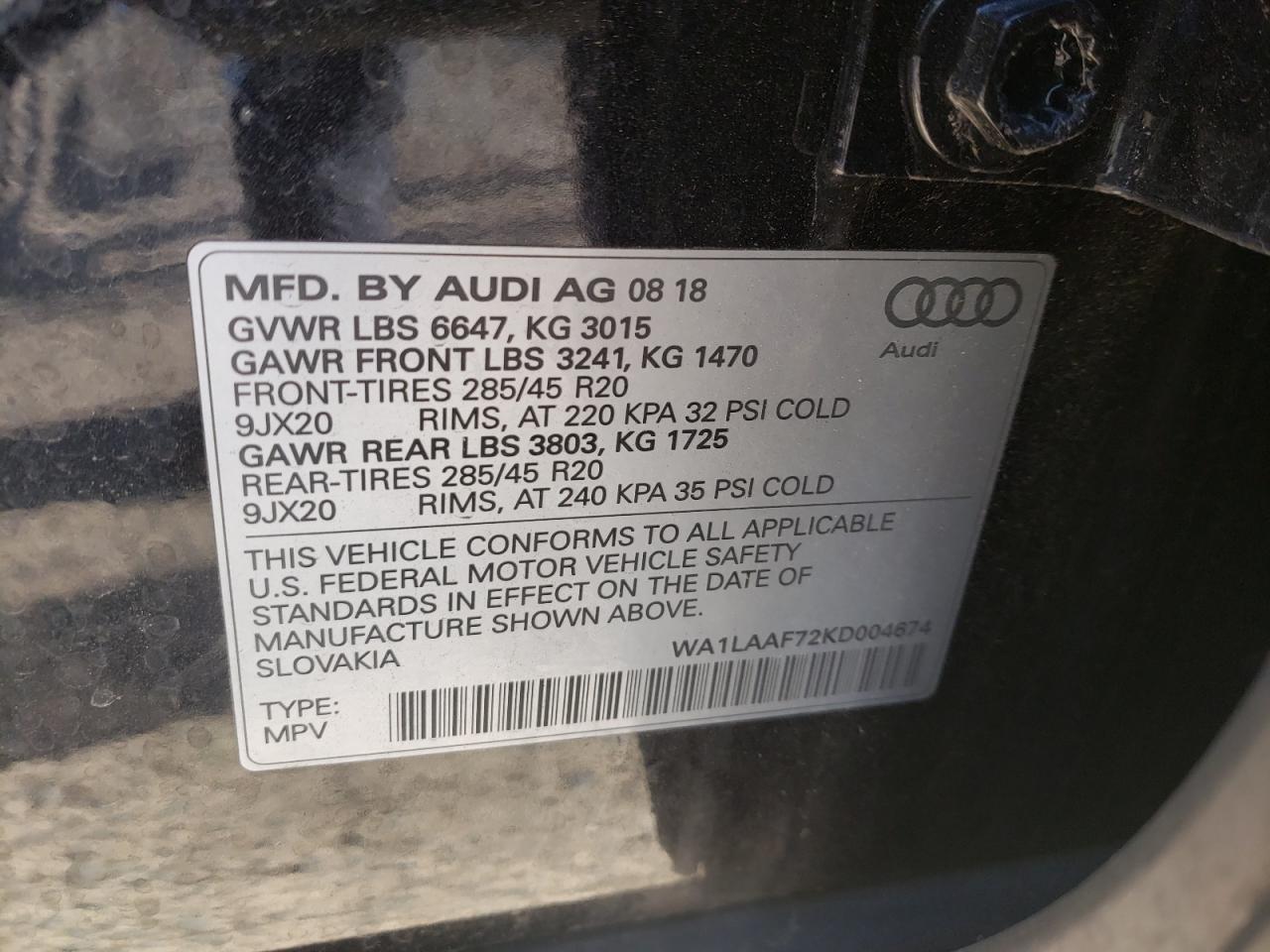 Photo 10 from auction – 2019 AUDI Q7 PREMIUM with VIN WA1LAAF72KD004674