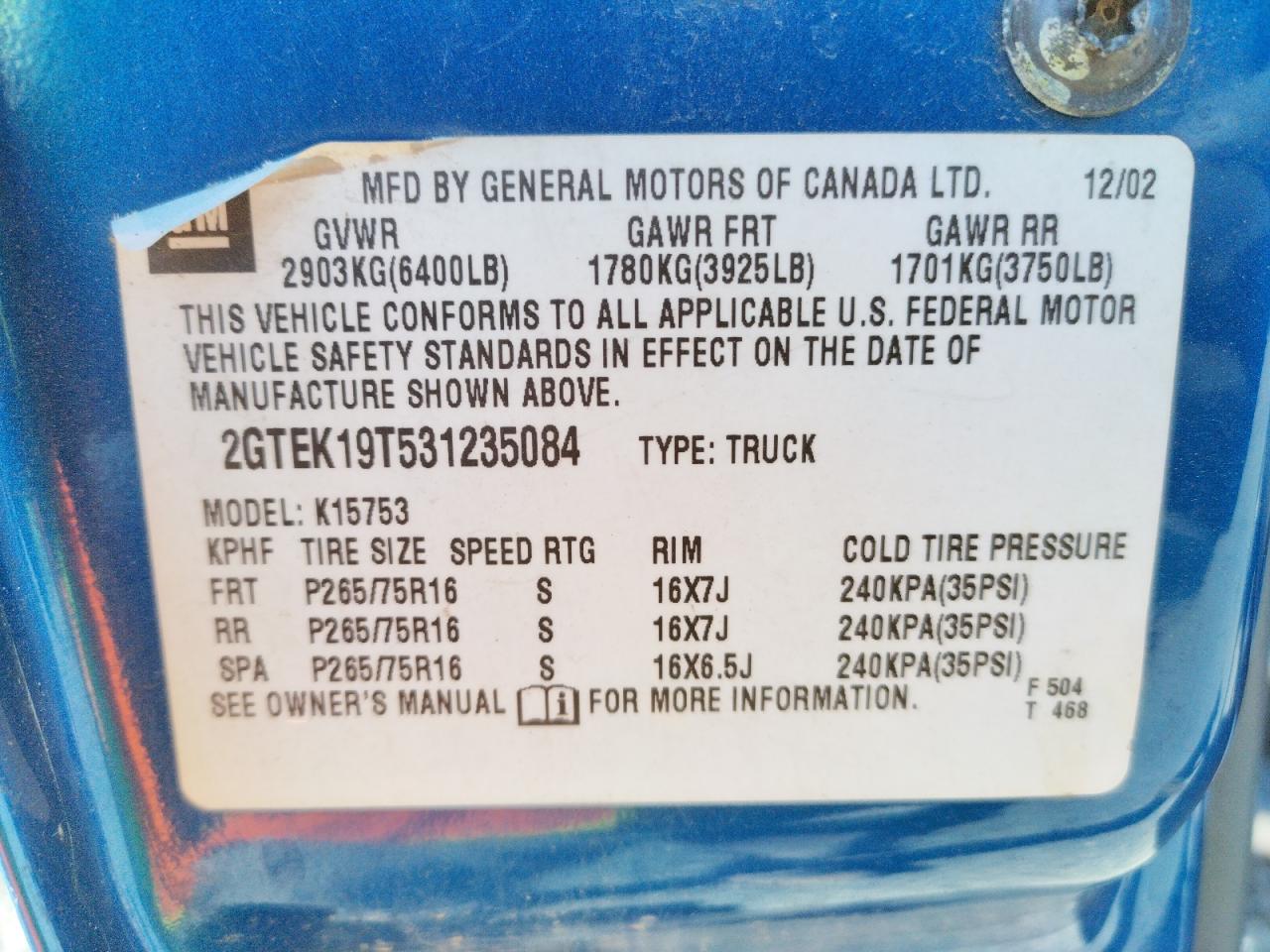 Photo 10 from auction – 2003 GMC NEW SIERRA with VIN 2GTEK19T531235084