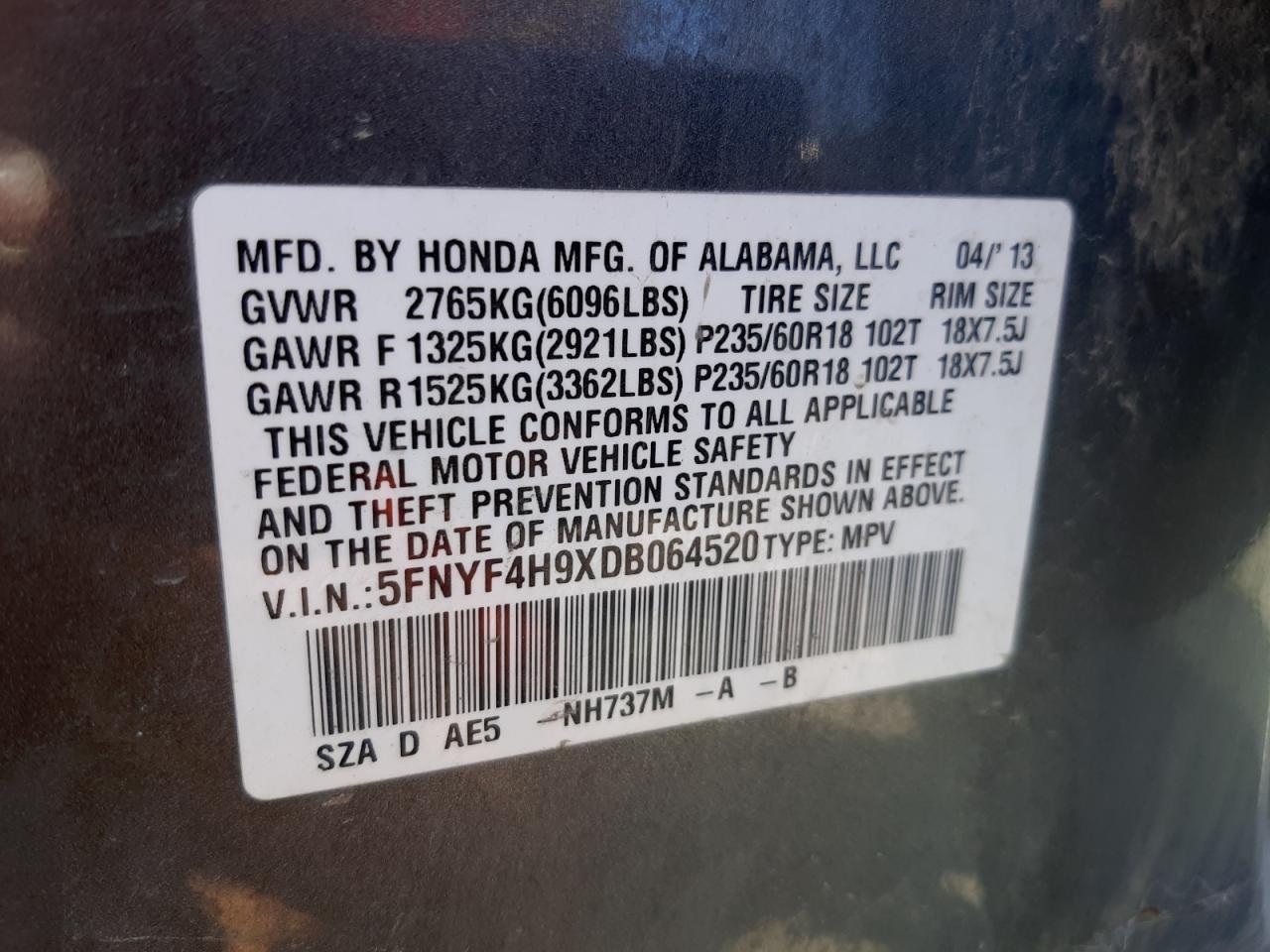 Photo 10 from auction – 2013 HONDA PILOT TOUR with VIN 5FNYF4H9XDB064520