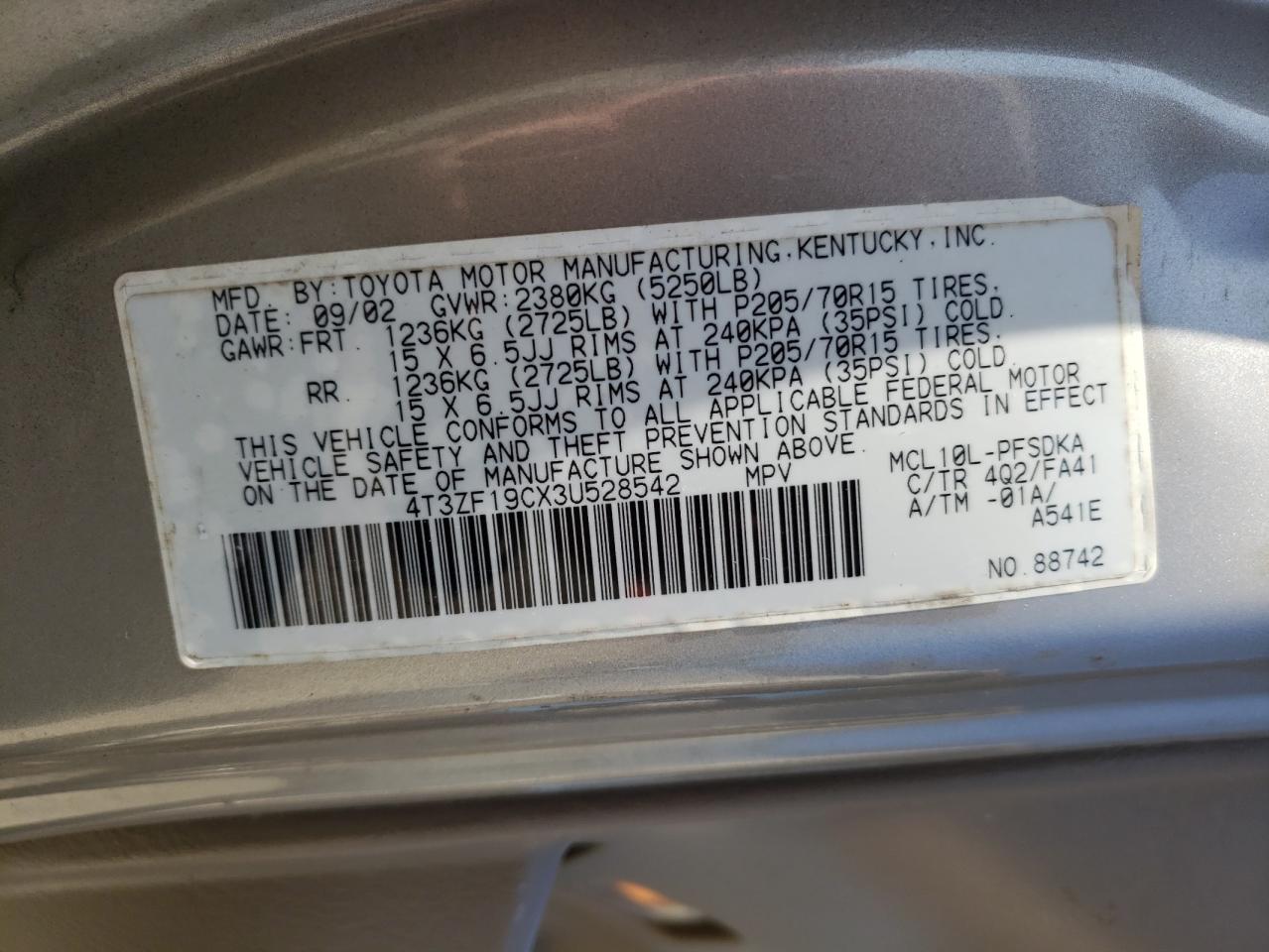 Photo 10 from auction – 2003 TOYOTA SIENNA CE with VIN 4T3ZF19CX3U528542