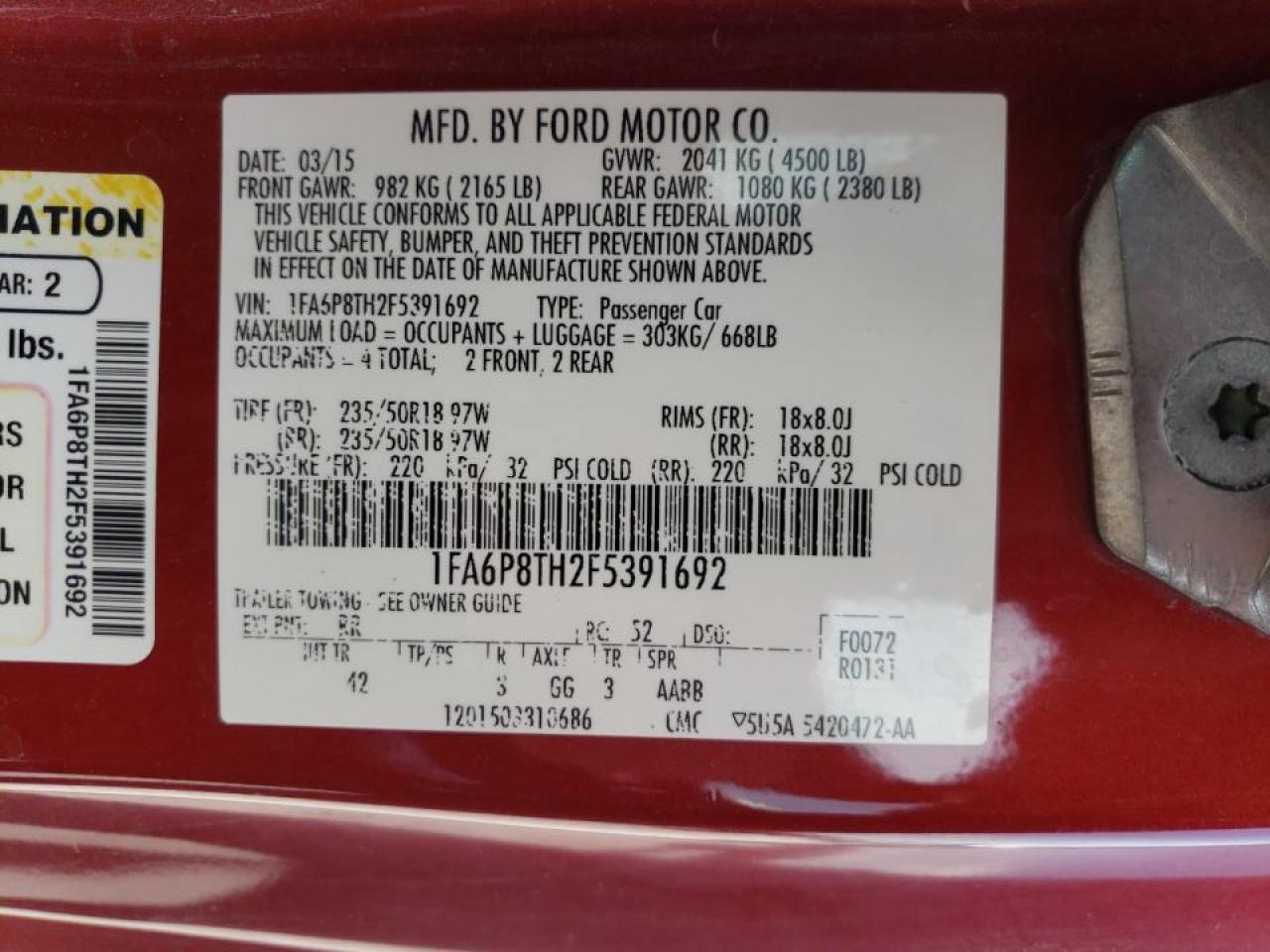 Photo 10 from auction – 2015 FORD MUSTANG with VIN 1FA6P8TH2F5391692