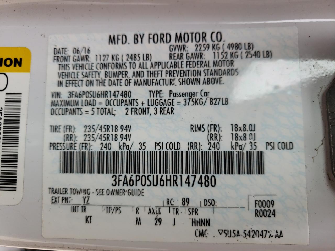 Photo 10 from auction – 2017 FORD FUSION TIT with VIN 3FA6P0SU6HR147480