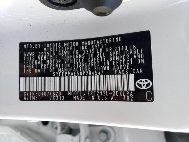 Photo 10 from auction – 2022 TOYOTA COROLLA LE with VIN 5YFEPMAE5NP284547