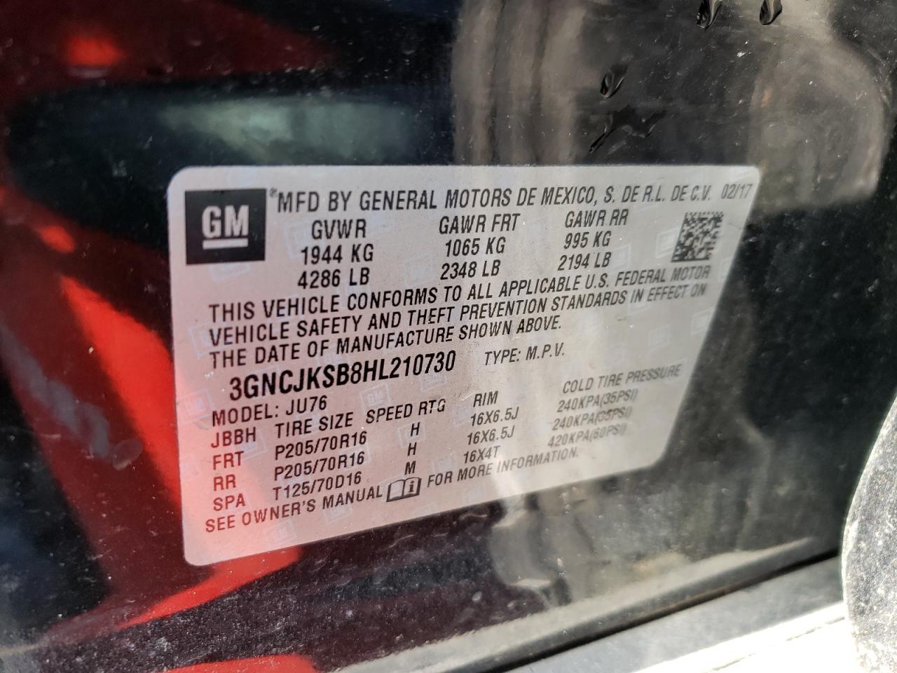 Photo 10 from auction – 2017 CHEVROLET TRAX LS with VIN 3GNCJKSB8HL210730