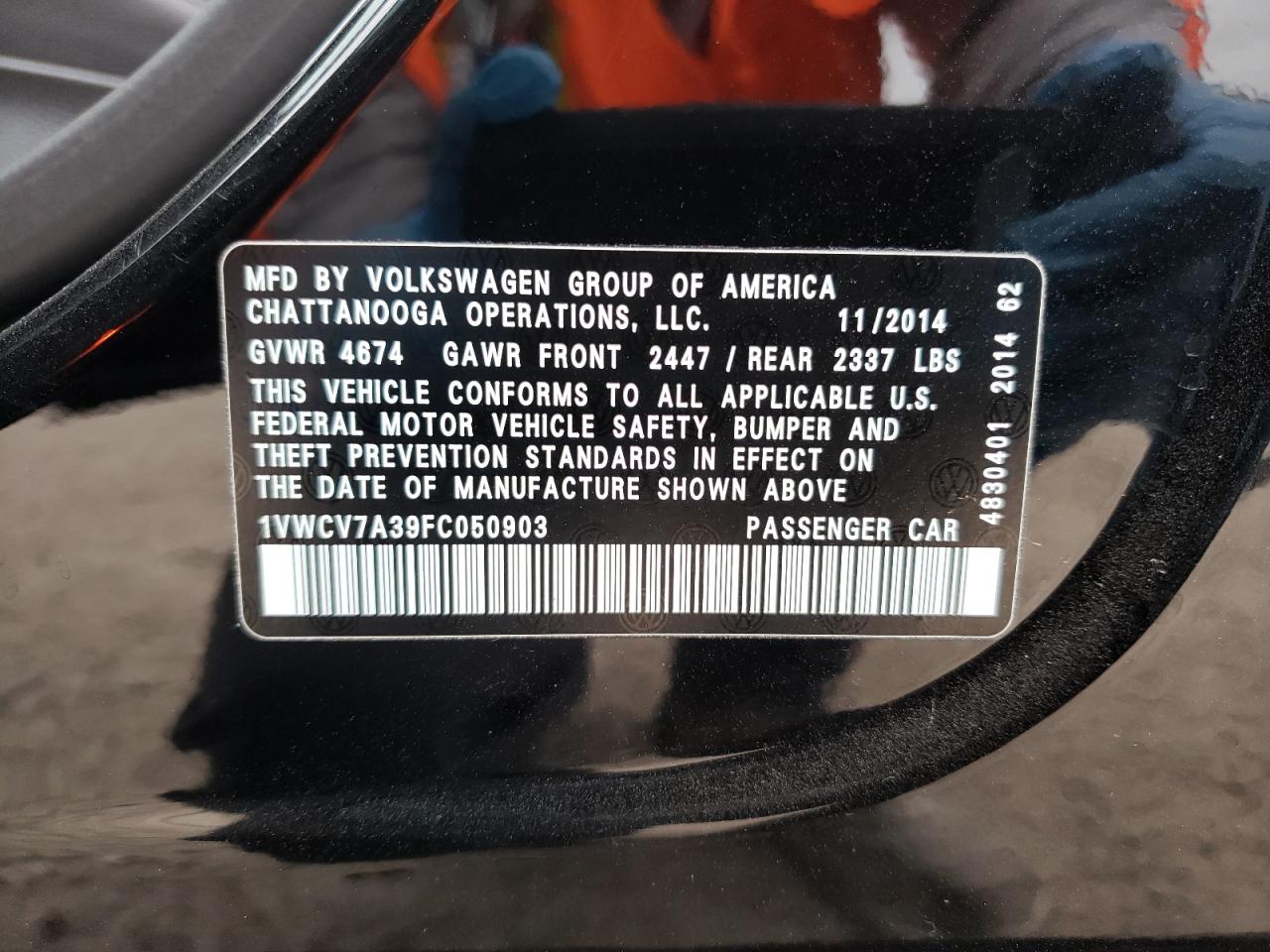 Photo 10 from auction – 2015 VOLKSWAGEN PASSAT SEL with VIN 1VWCV7A39FC050903