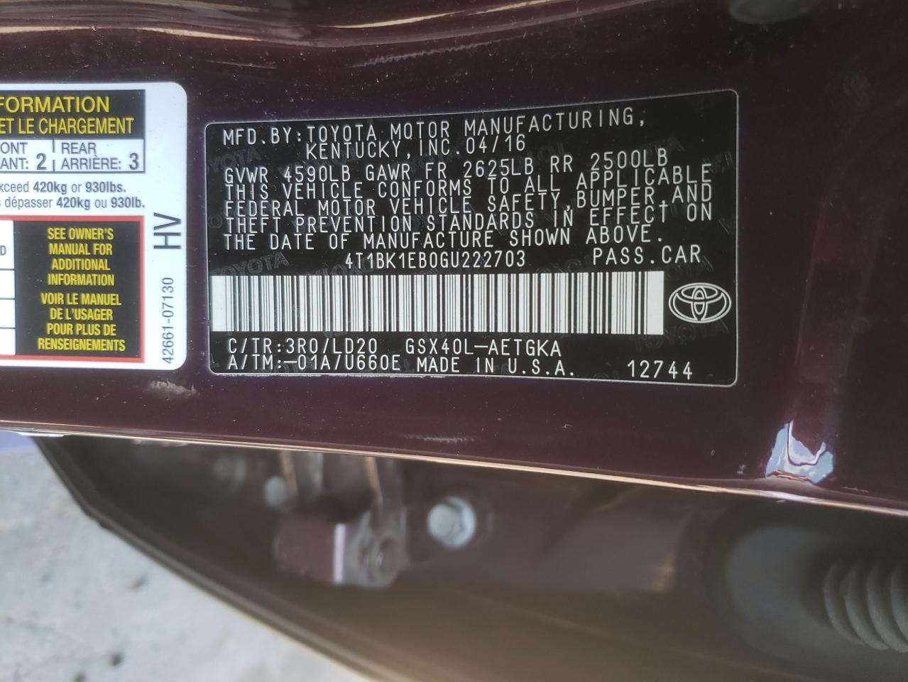 Photo 10 from auction – 2016 TOYOTA AVALON XLE with VIN 4T1BK1EB0GU222703