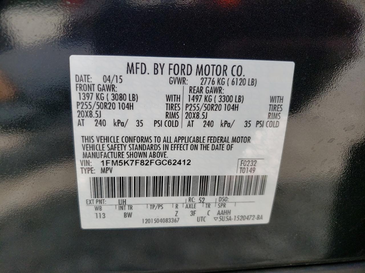 Photo 10 from auction – 2015 FORD EXPLORER L with VIN 1FM5K7F82FGC62412
