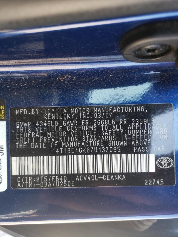 Photo 10 from auction – 2007 TOYOTA CAMRY CE with VIN 4T1BE46K67U137095