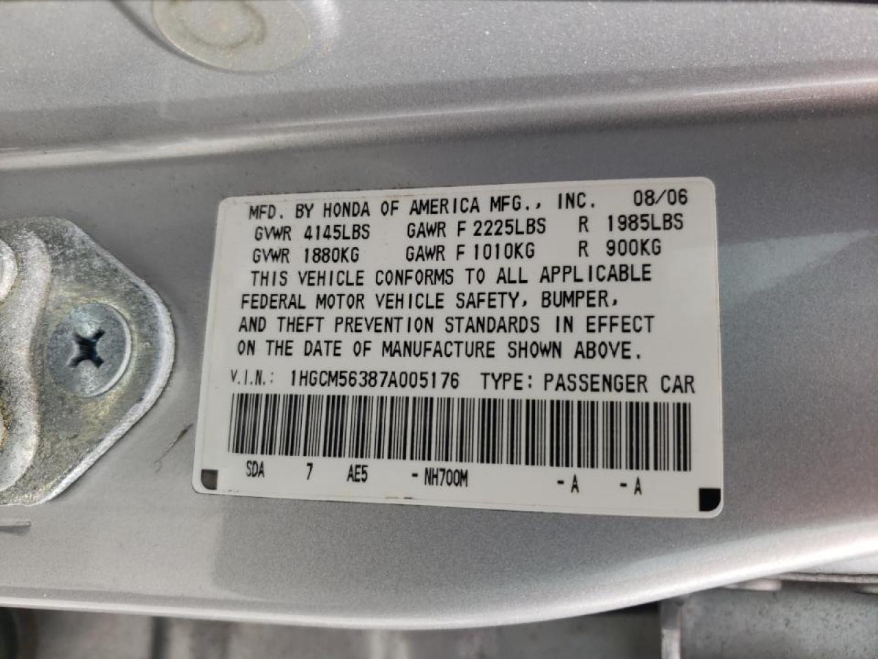 Photo 20 from auction – 2007 HONDA ACCORD SE with VIN 1HGCM56387A005176