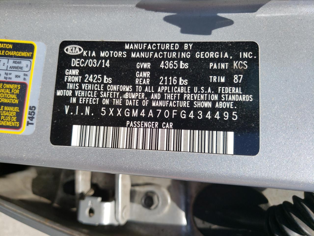 Photo 10 from auction – 2015 KIA OPTIMA LX with VIN 5XXGM4A70FG434495