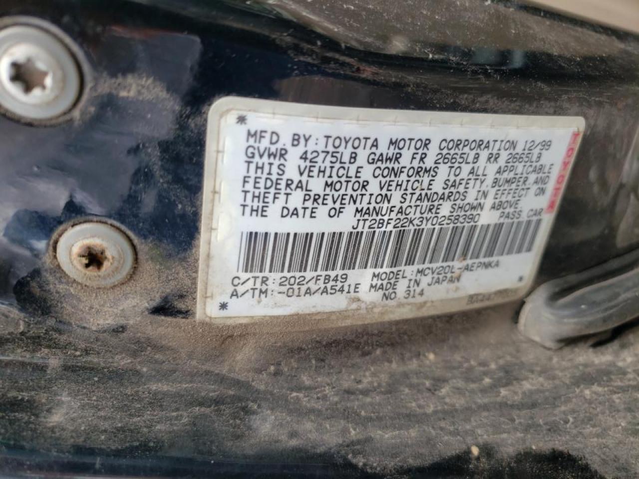 Photo 10 from auction – 2000 TOYOTA CAMRY CE with VIN JT2BF22K3Y0258390