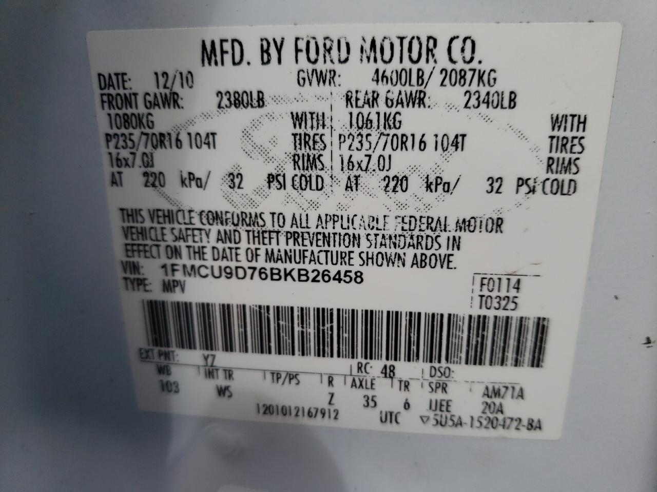 Photo 10 from auction – 2011 FORD ESCAPE XLT with VIN 1FMCU9D76BKB26458