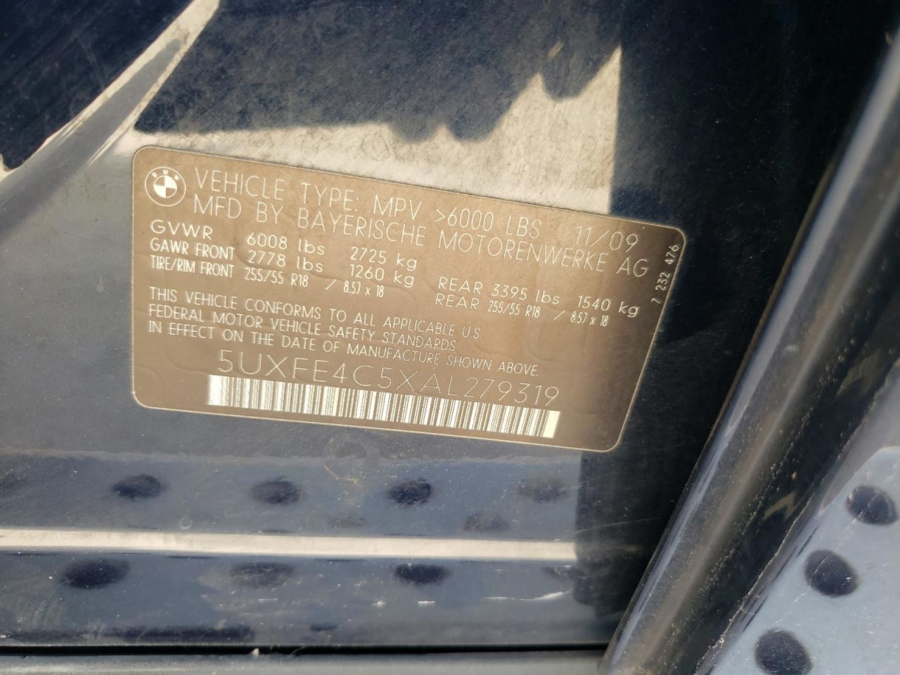 Photo 10 from auction – 2010 BMW X5 XDRIVE3 with VIN 5UXFE4C5XAL279319