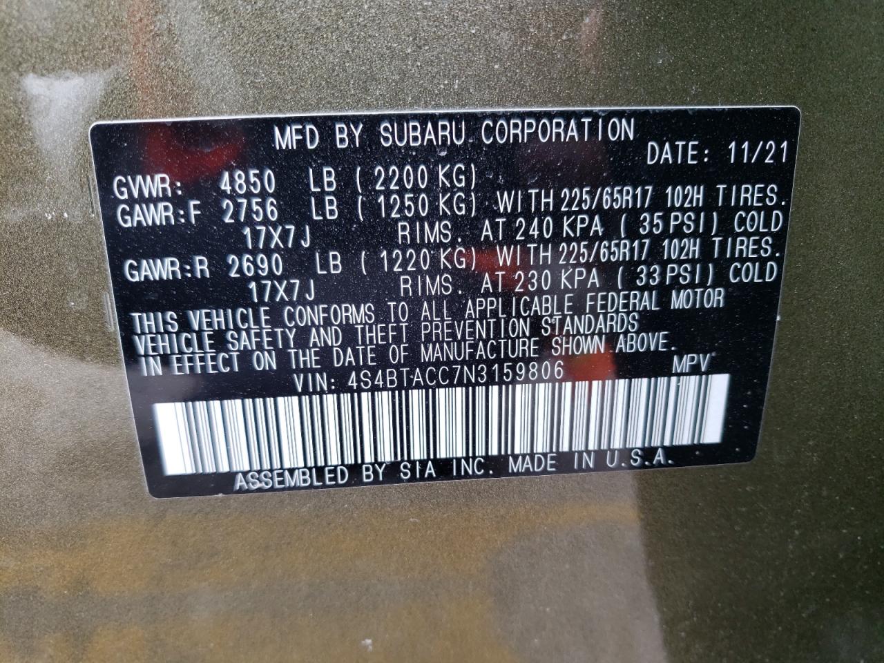 Photo 10 from auction – 2022 SUBARU OUTBACK PR with VIN 4S4BTACC7N3159806