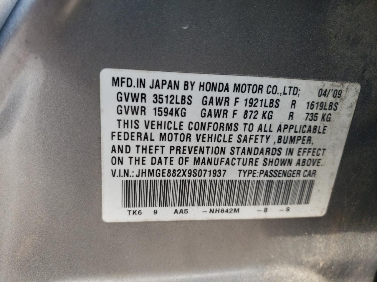 Photo 10 from auction – 2009 HONDA FIT with VIN JHMGE882X9S071937