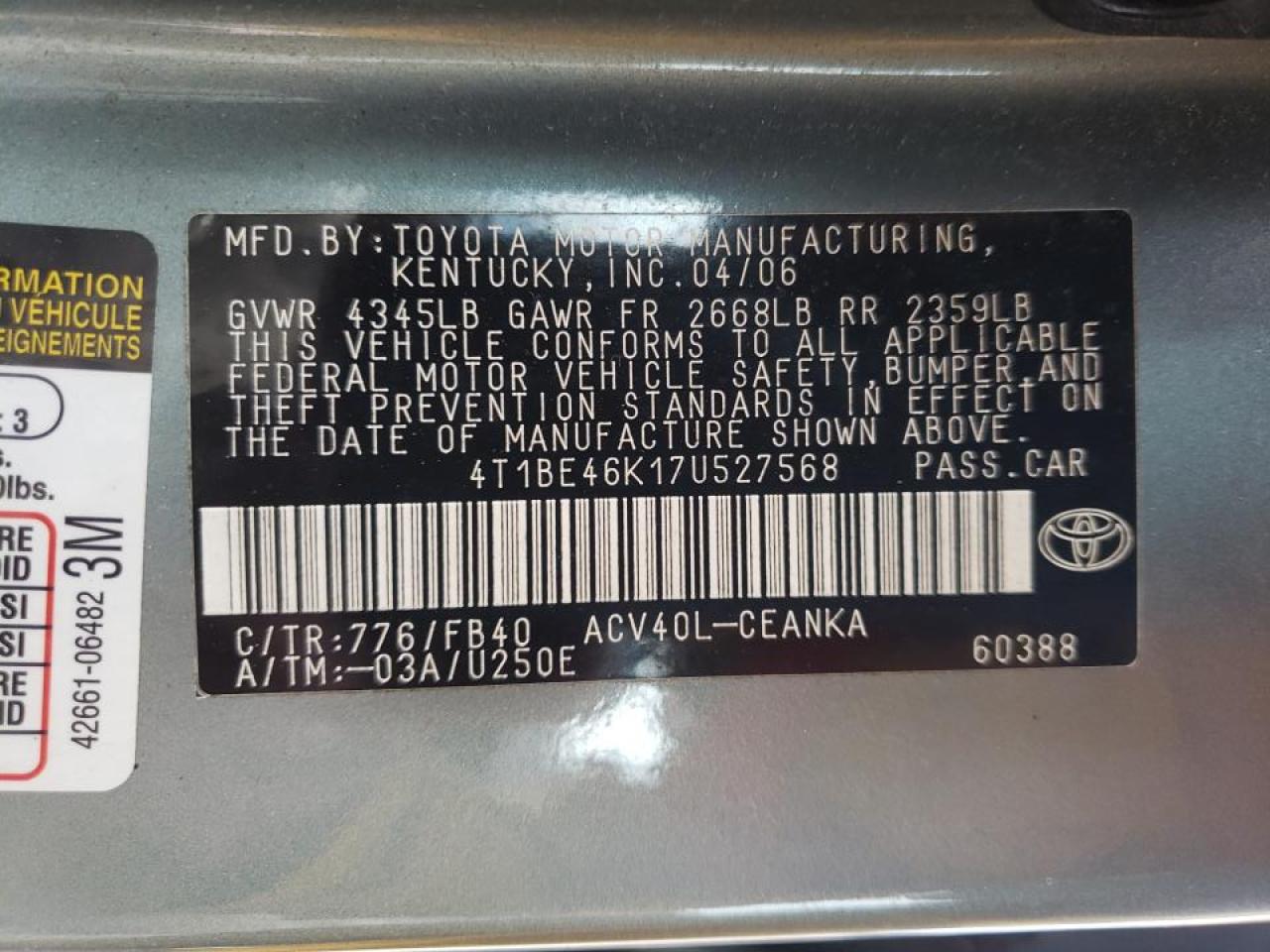 Photo 10 from auction – 2007 TOYOTA CAMRY with VIN 4T1BE46K17U527568