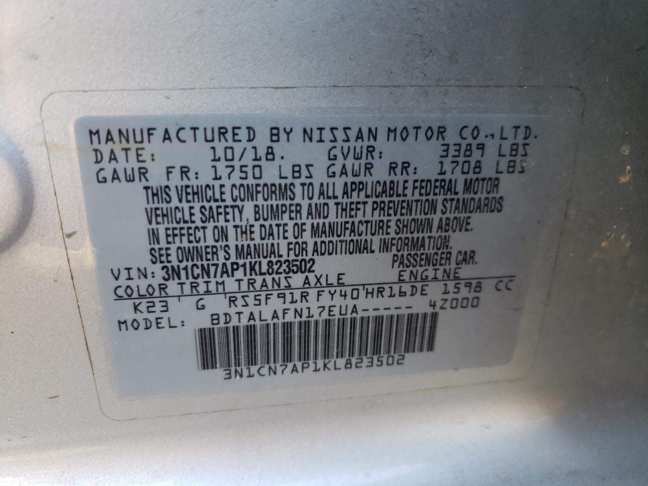 Photo 10 from auction – 2019 NISSAN VERSA S with VIN 3N1CN7AP1KL823502