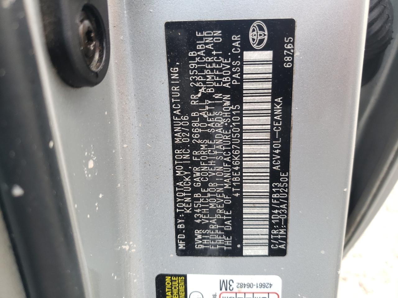 Photo 10 from auction – 2007 TOYOTA CAMRY CE with VIN 4T1BE46K67U501015