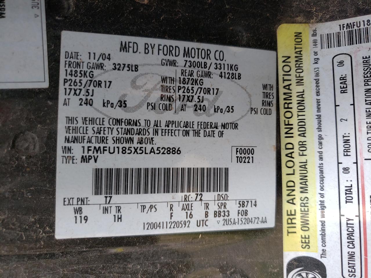 Photo 10 from auction – 2005 FORD EXPEDITION with VIN 1FMFU185X5LA52886