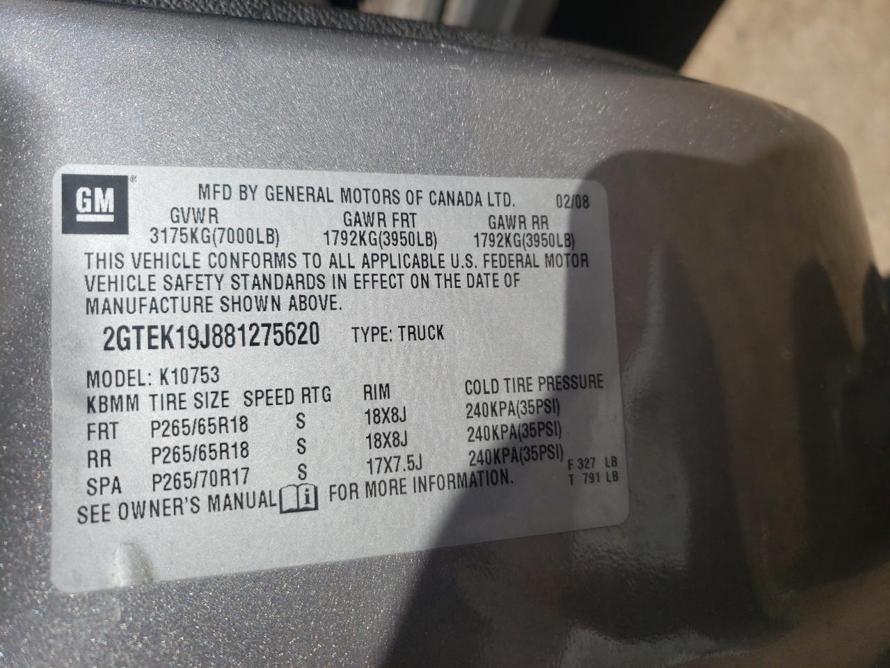 Photo 10 from auction – 2008 GMC SIERRA K15 with VIN 2GTEK19J881275620