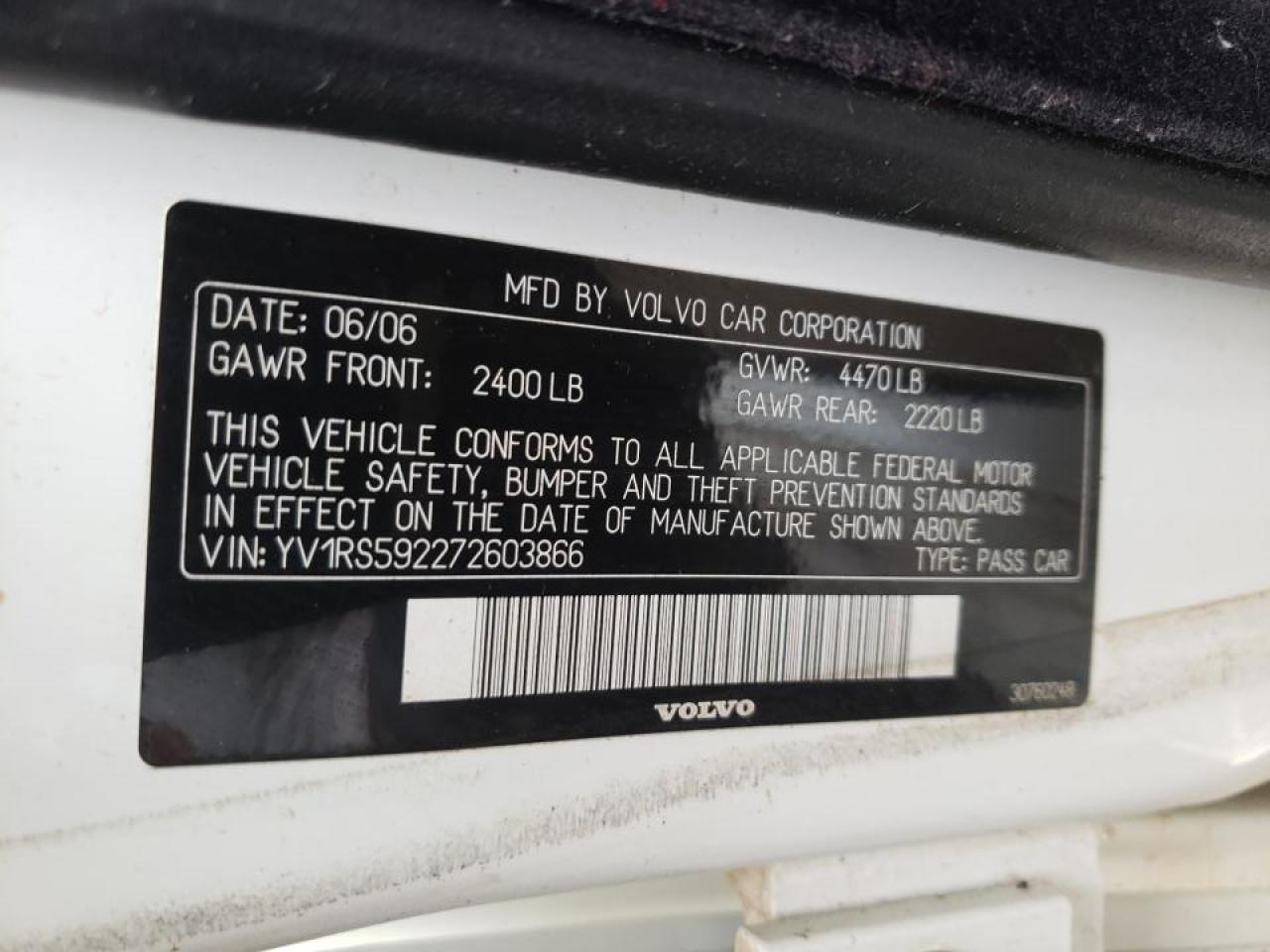 Photo 10 from auction – 2007 VOLVO S60 2.5T with VIN YV1RS592272603866