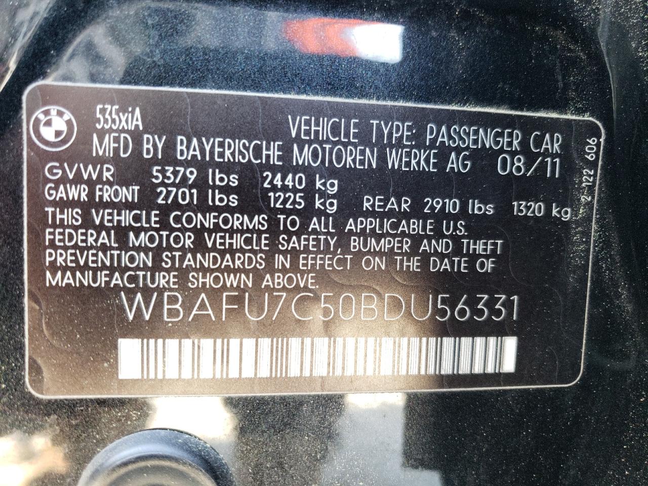 Photo 10 from auction – 2011 BMW 535XI with VIN WBAFU7C50BDU56331