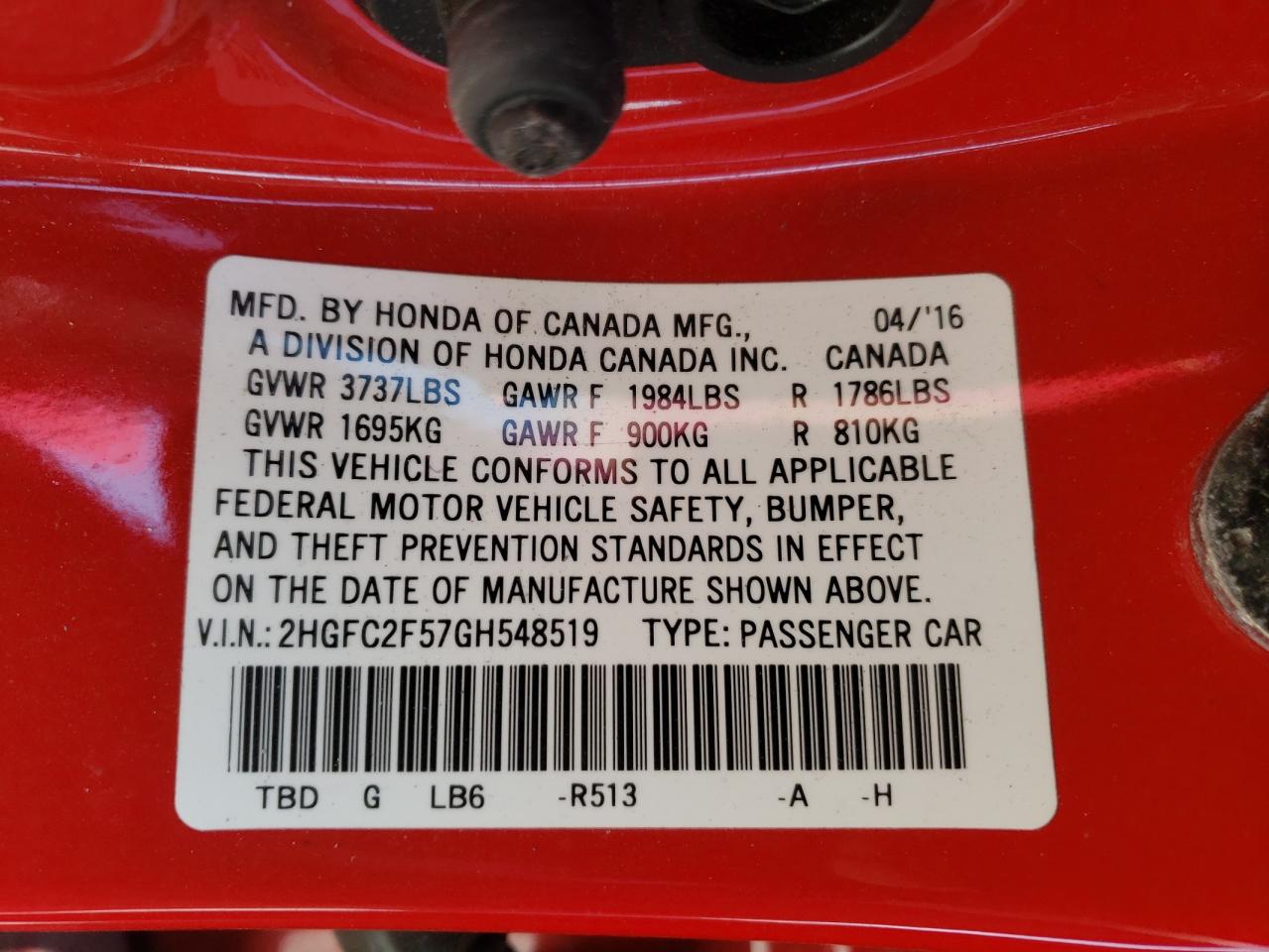 Photo 10 from auction – 2016 HONDA CIVIC LX with VIN 2HGFC2F57GH548519