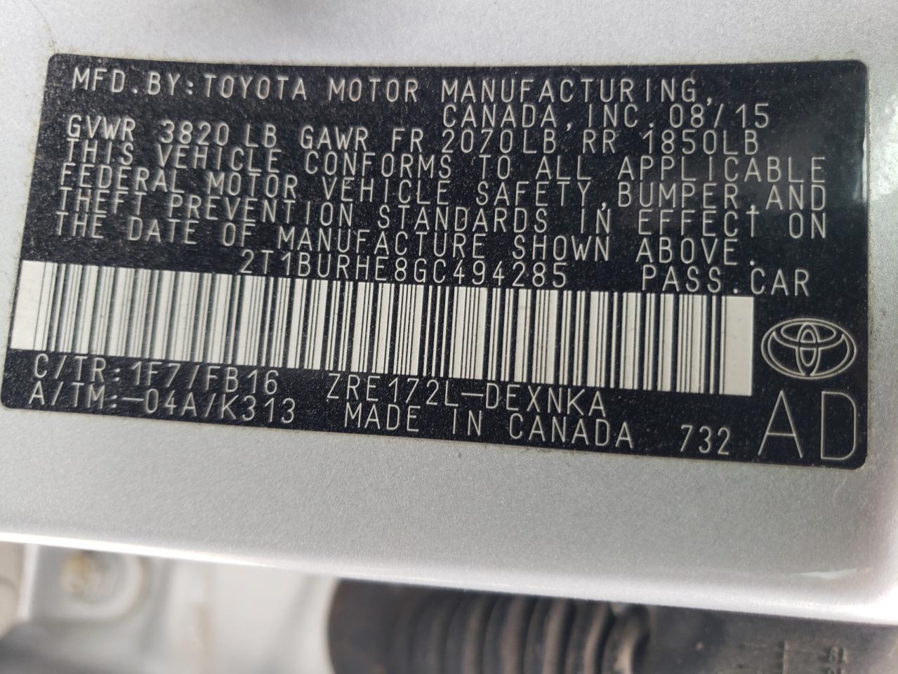 Photo 10 from auction – 2016 TOYOTA COROLLA L with VIN 2T1BURHE8GC494285