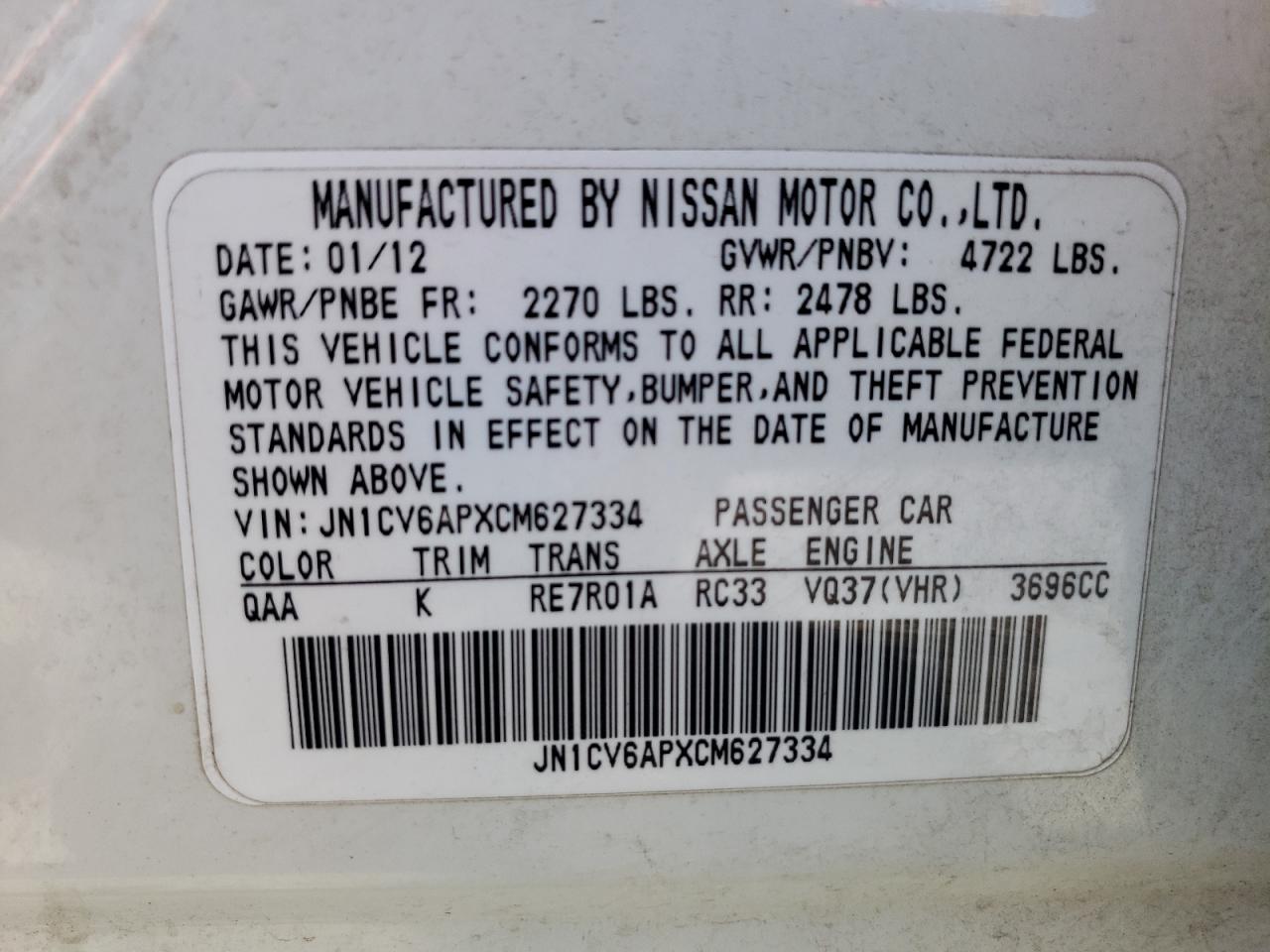 Photo 10 from auction – 2012 INFINITI G37 BASE with VIN JN1CV6APXCM627334
