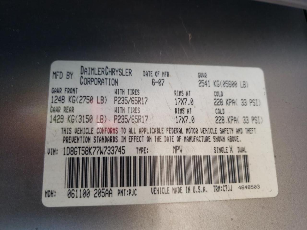 Photo 10 from auction – 2007 DODGE NITRO SLT with VIN 1D8GT58K77W733745