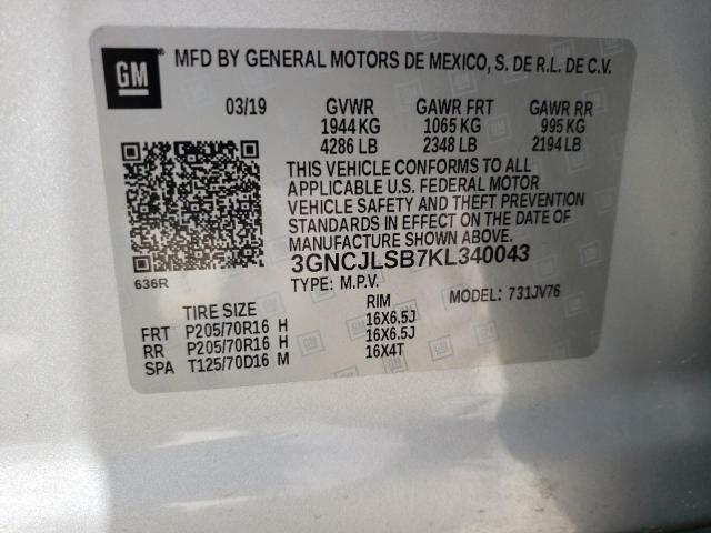 Photo 10 from auction – 2019 CHEVROLET TRAX 1LT with VIN 3GNCJLSB7KL340043
