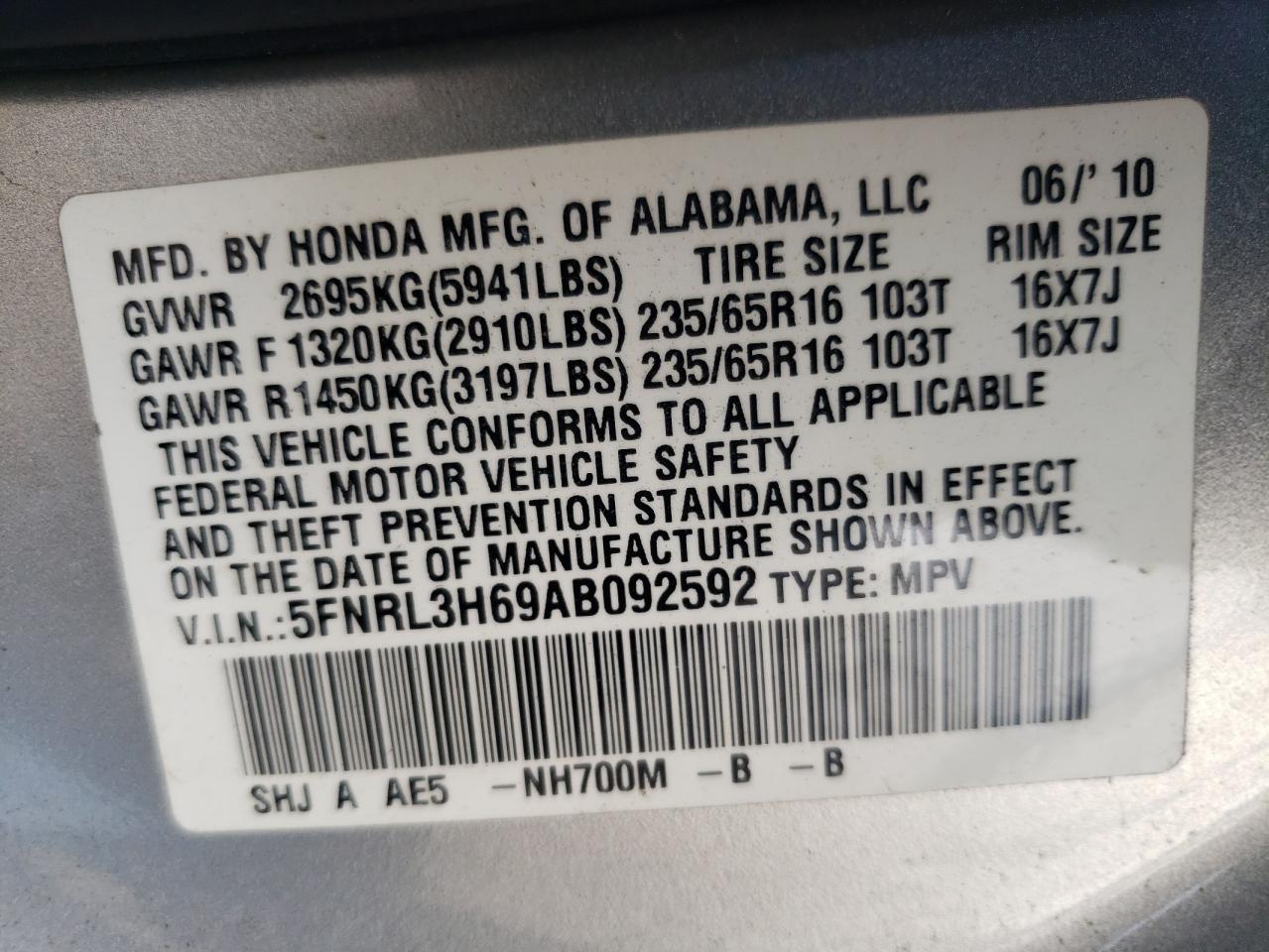 Photo 10 from auction – 2010 HONDA ODYSSEY EX with VIN 5FNRL3H69AB092592